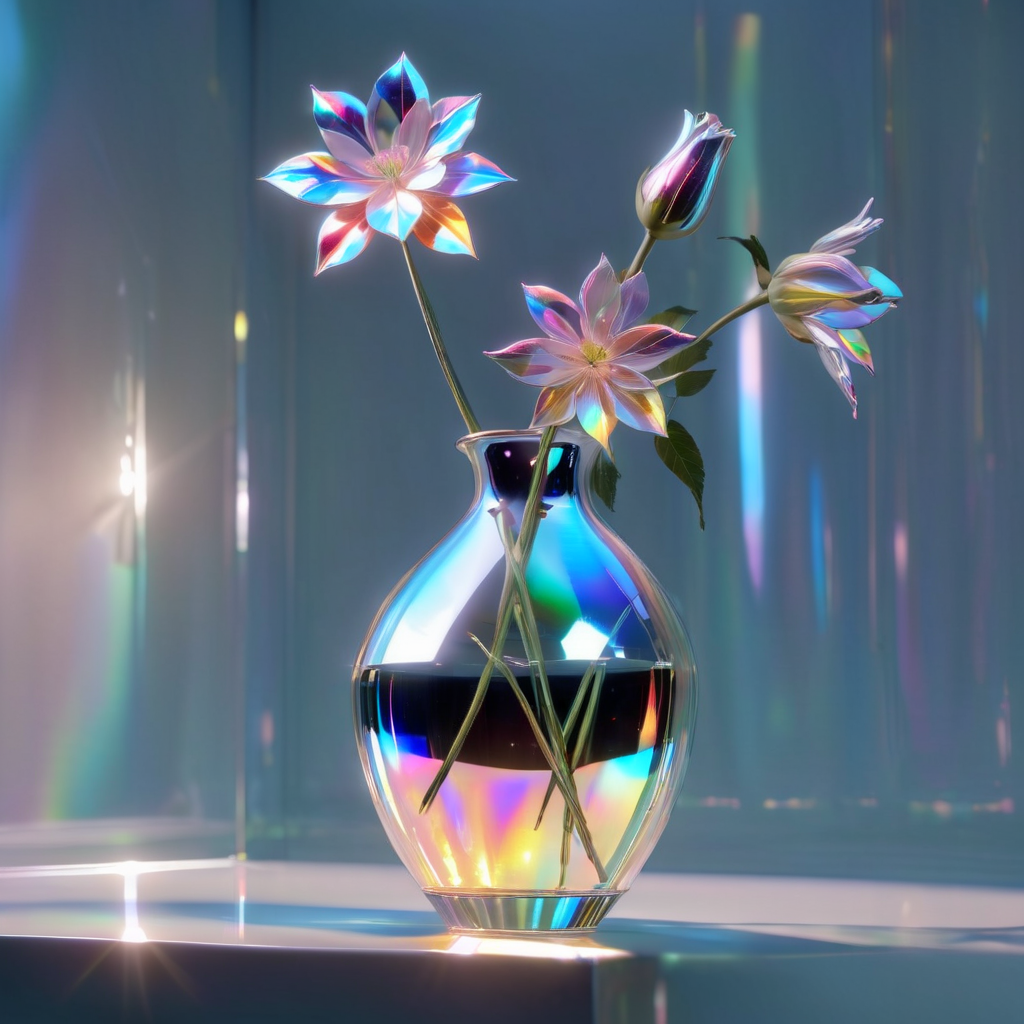 03176-2767827389-_lora_holographic0907xl-000008_0.9_,holographic,a glass vase with flowers in it on a table top with a mirror background and a li.png